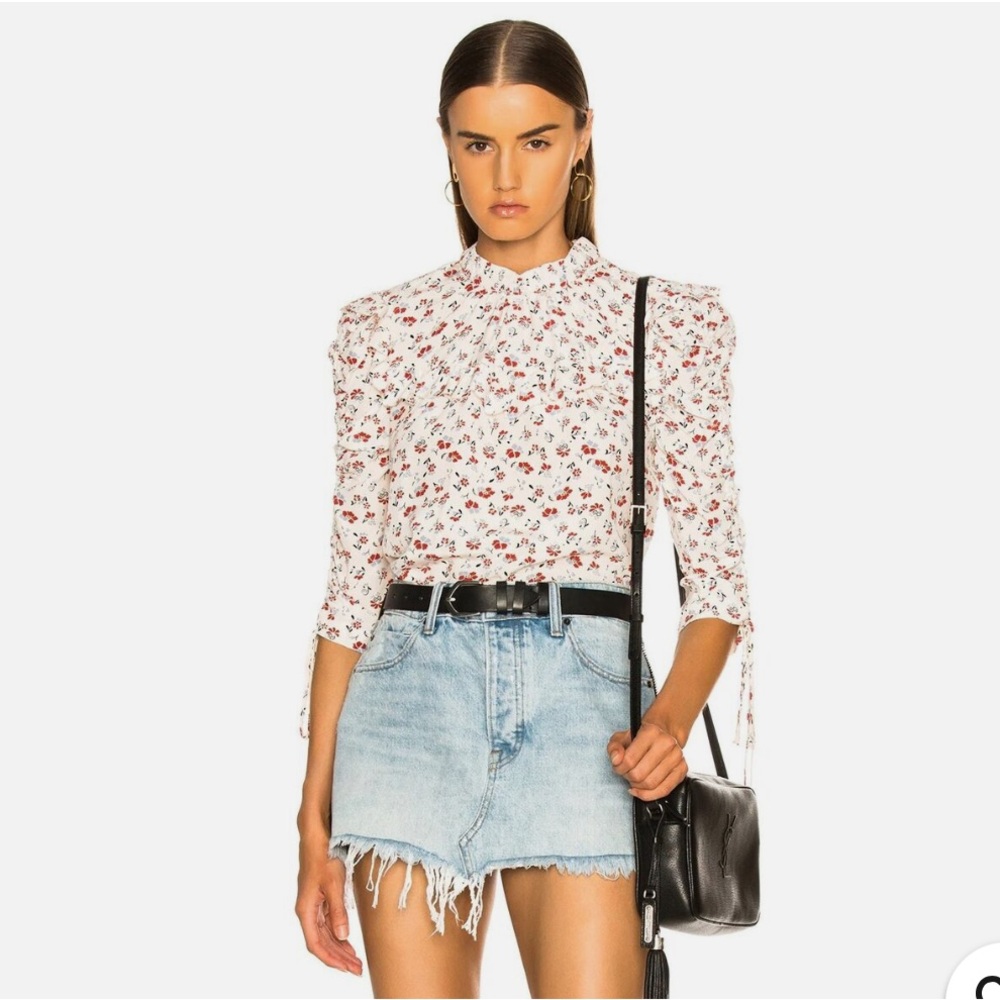 VERONICA BEARD Howell Red Floral Silk Ruffled Yoke Ruched Sleeve Blouse, Size